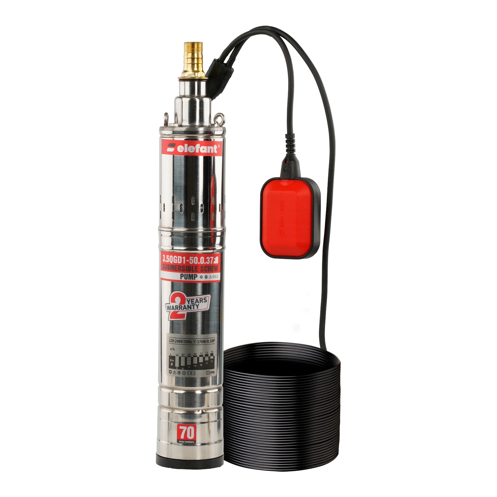 Pompa submersibila Elefant 3.5QGD1-50-0.37F cu plutitor, 900W, debit 30 l/min, inaltime refulare 50 m – SimpleTools Pompa submersibila Elefant 3.5QGD1-50-0.37F cu plutitor, 900W, debit 30 l/min, inaltime refulare 50 m - SimpleTools