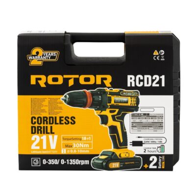 Trusa autofiletanta pe acumulator 21V ROTOR RCD21 + biti, 1350 RPM, Brushless - SimpleTools