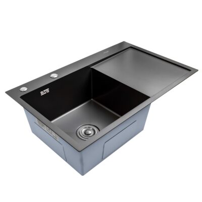 Chiuveta bucatarie BÖHM BH7849LBA, inox alimentar SUS304, 780 x 490 x 220 mm, finisaj Negru, picurator dreapta, sifon inclus
