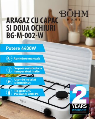 Plita cu doua arzatoare pe gaz si aprindere manuala BÖHM BG-M-002-W, 4.4 kW