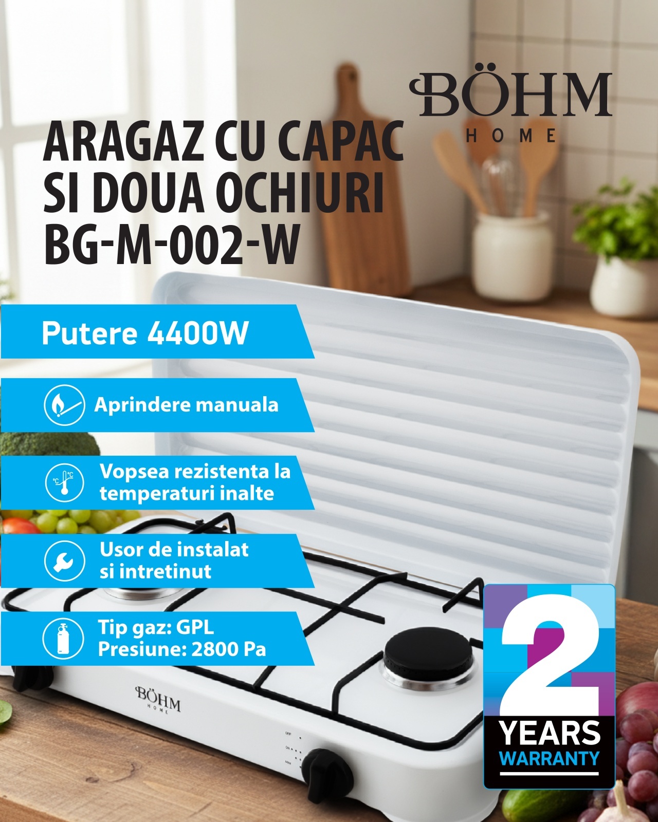 Plita cu doua arzatoare pe gaz si aprindere manuala BÖHM BG-M-002-W, 4.4 kW – SimpleTools Plita cu doua arzatoare pe gaz si aprindere manuala BÖHM BG-M-002-W, 4.4 kW - SimpleTools