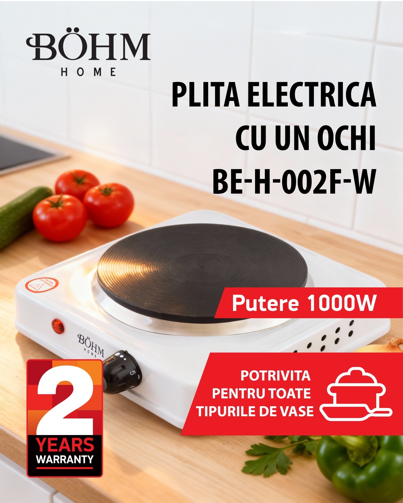 Plita electrica cu un ochi BÖHM BE-H-002F-W, 1000 W – SimpleTools Plita electrica cu un ochi BÖHM BE-H-002F-W, 1000 W - SimpleTools